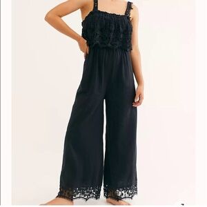 Free People Black Boho Crochet Lace In Your Dreams Jumpsuit Size Medium